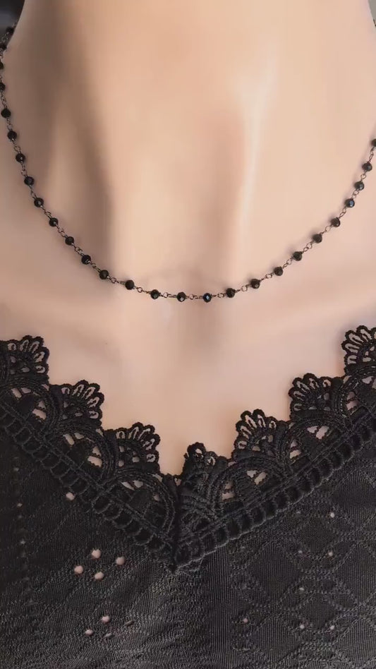 Black Faceted Glass Bead Choker | Gothic Rosary Chain Necklace