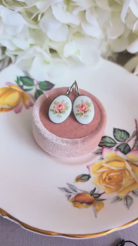 Handmade Pink Rose Earrings | Vintage Limoges-Inspired Floral Jewelry