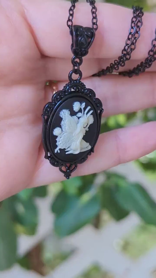 Black Fairy Cameo Necklace, Woodland Fae Pendant, Gothic Jewelry