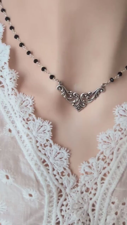 Silver Filigree Choker Necklace | Black Beaded Rosary Gothic Jewelry
