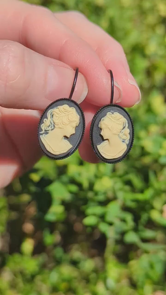 Black Cameo Leverback Earrings: Victorian Lady Silhouette Jewelry