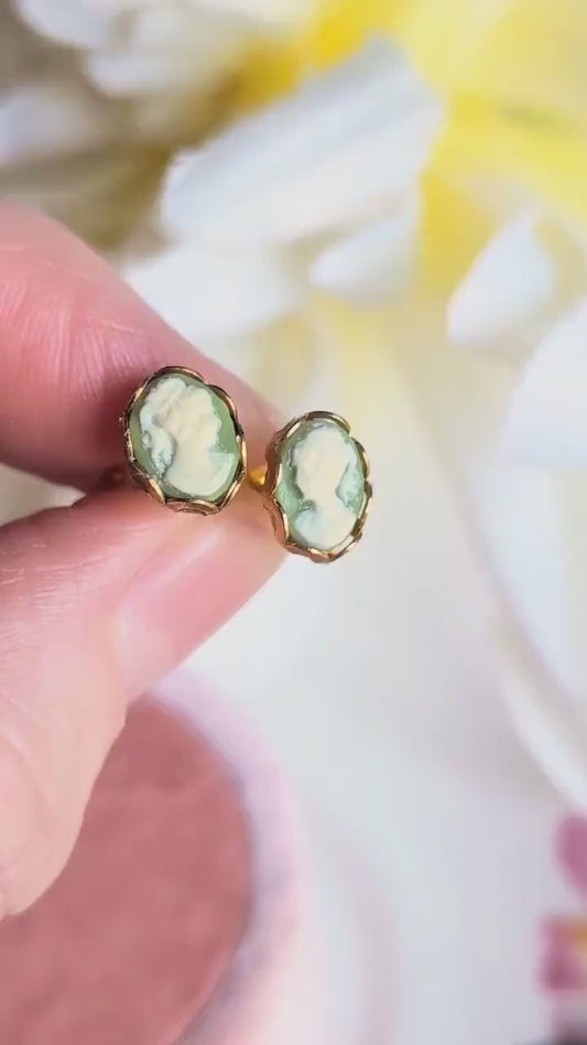Tiny Green Cameo Earrings: Gold Plated Hypoallergenic Studs