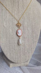 Pink Cameo Pearl Necklace, 14K Gold Plated Vintage Style Jewelry