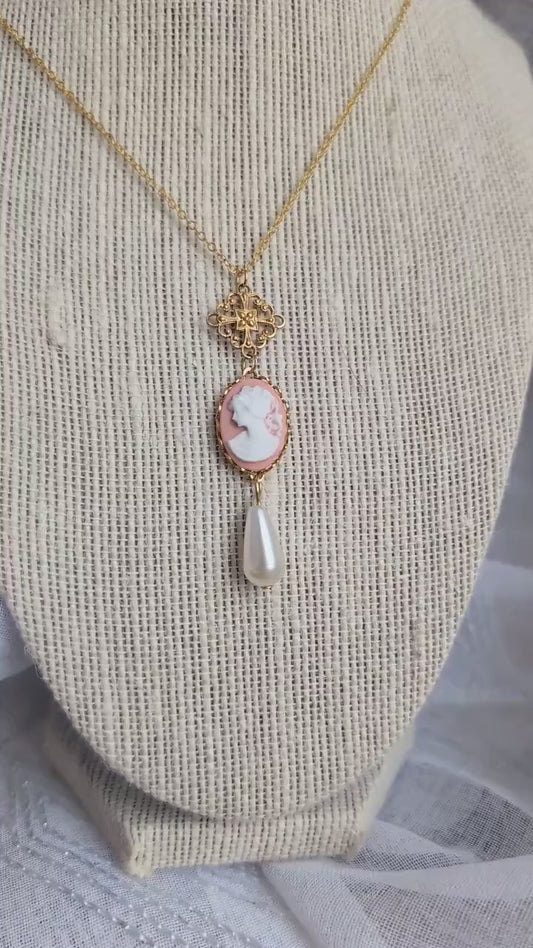 Pink Cameo Pearl Necklace, 14K Gold Plated Vintage Style Jewelry