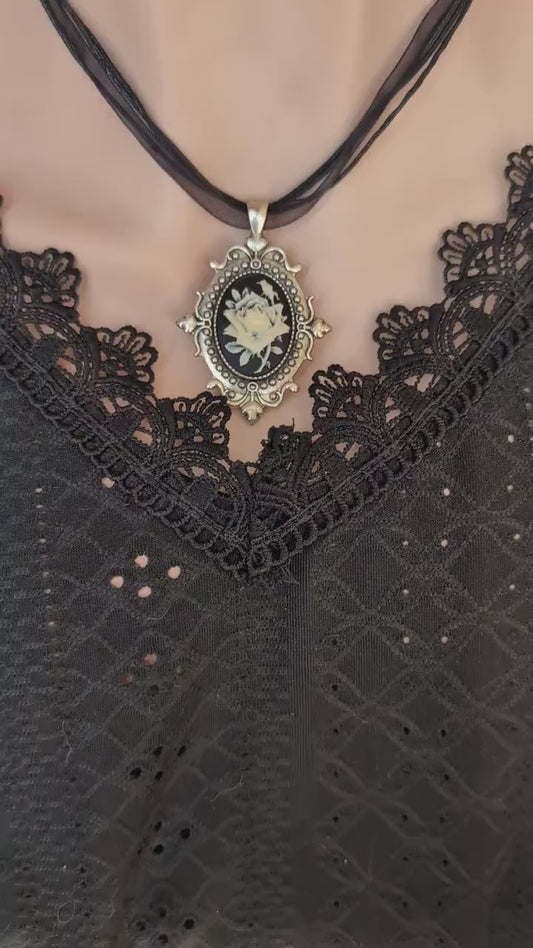 Victorian Rose Cameo Choker Necklace, Black Velvet Gothic Pendant