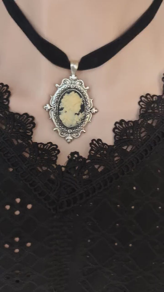 Gothic Cameo Choker Necklace, Vintage Setting on Black Velvet Ribbon