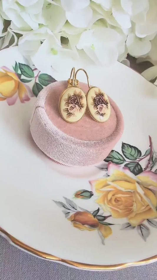 Vintage Rose Earrings, Pink Floral Lever Backs in Brass, Silver or Matte Black