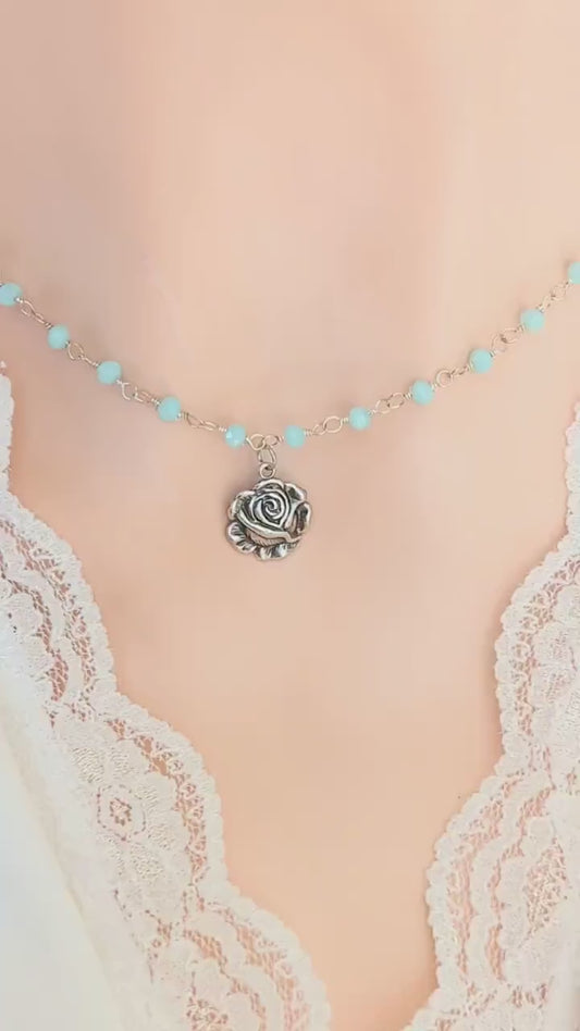 Silver Rose Necklace: Aqua Chalcedony Rosary Chain Pendant
