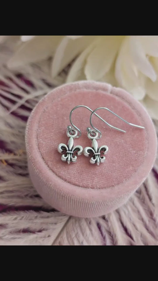 Fleur de Lis Earrings: Pewter French Lily Flower, Mardi Gras Jewelry