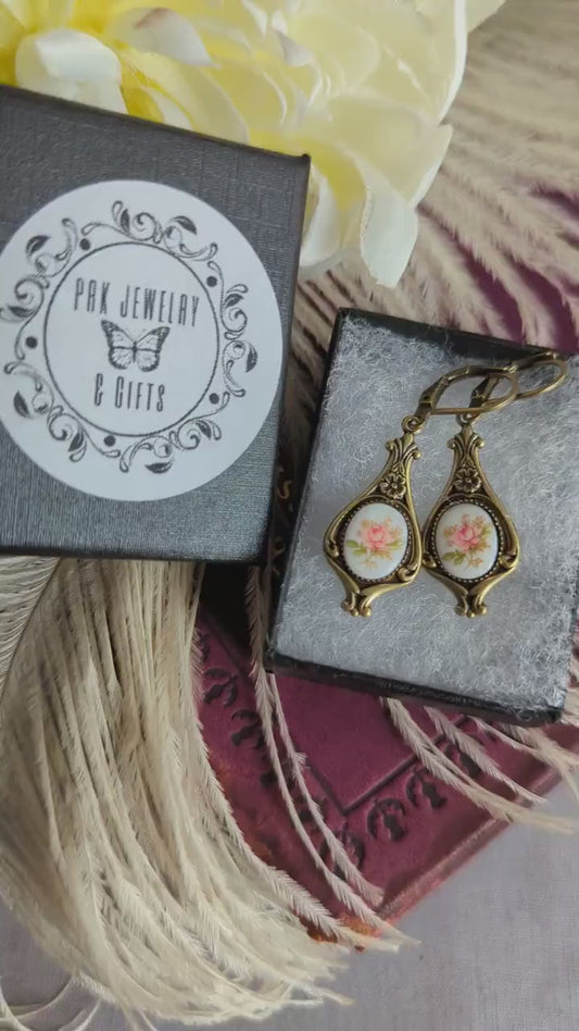 Pink Rose Limoges Earrings: Vintage Style Floral Jewelry