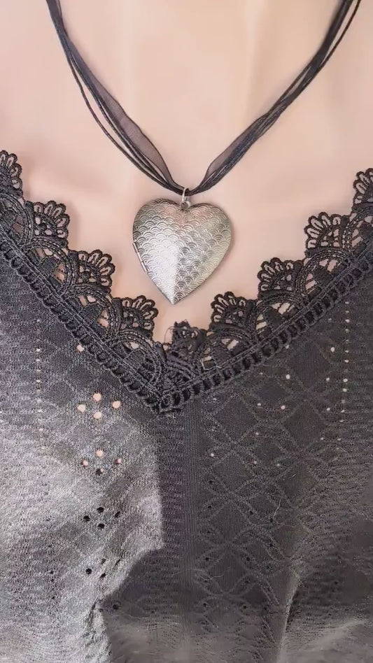 Engraved Silver Heart Locket Choker, Vintage Style Ribbon Necklace