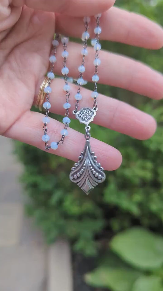 Rainbow Moonstone Necklace, Rosary Chain with Silver Fluted Pendant
