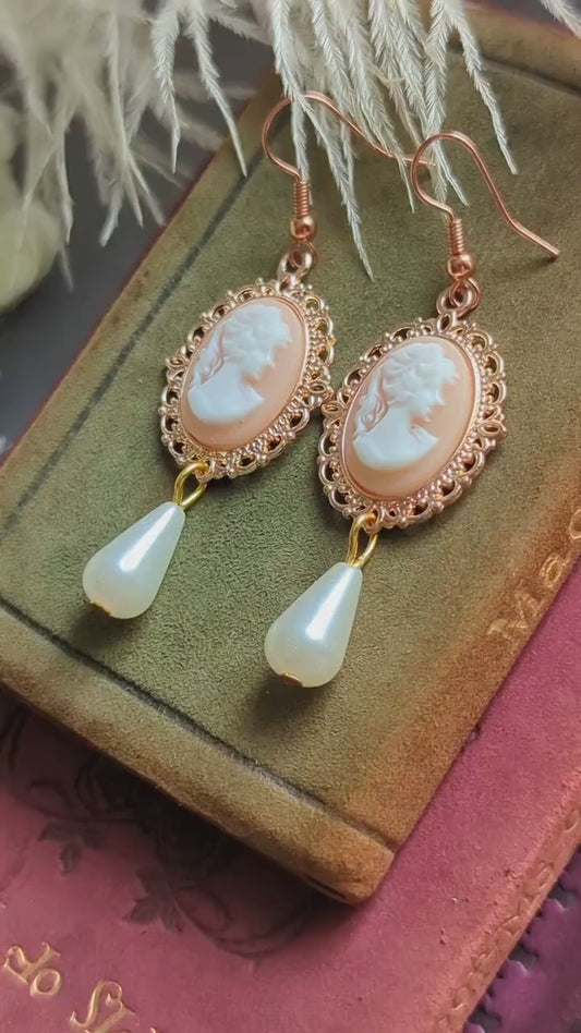 Victorian Cameo Pearl Drop Earrings, 14k Rose Gold Plated