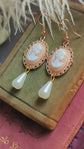 Victorian Cameo Pearl Drop Earrings, 14k Rose Gold Plated