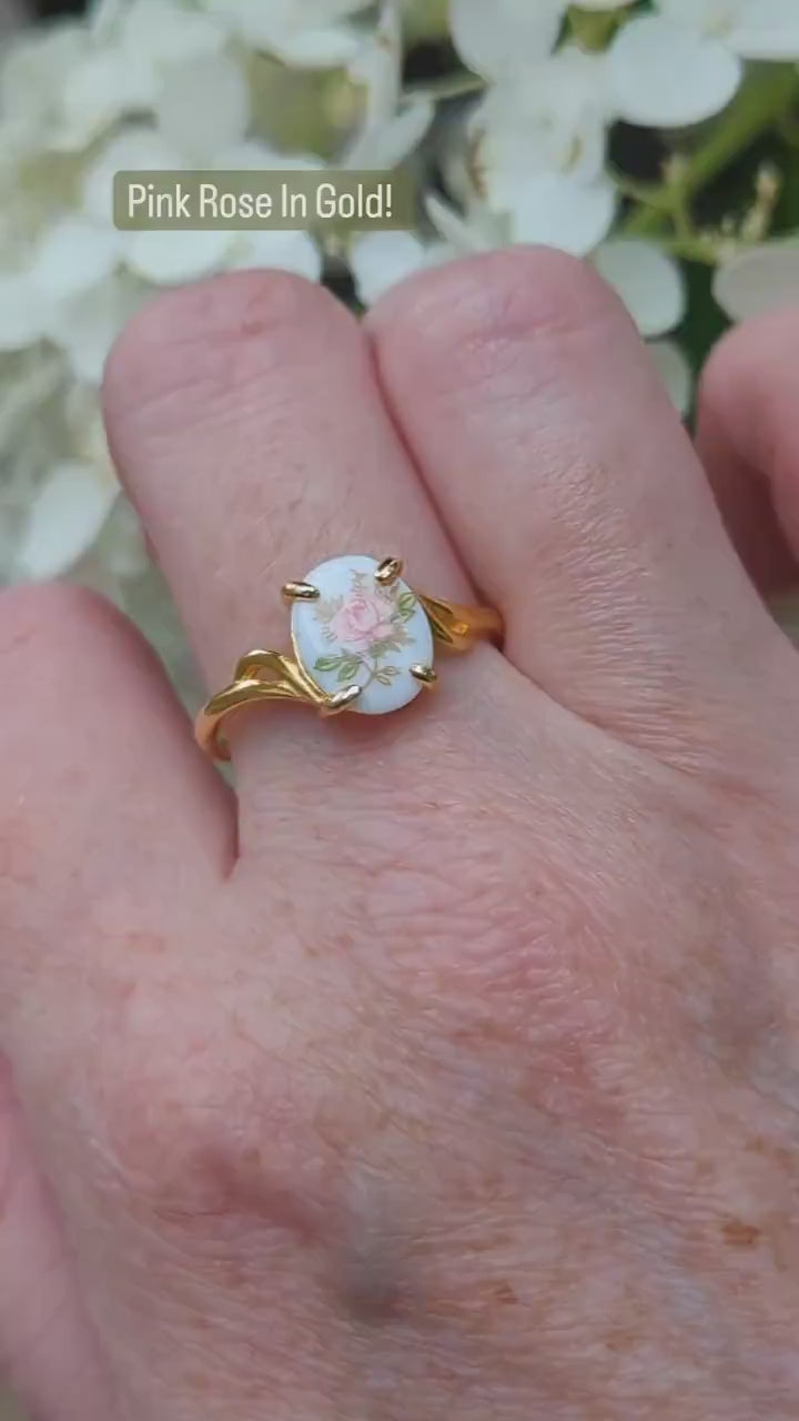 Pink Rose Cameo Ring - Gold Vermeil Sterling Silver Adjustable Band