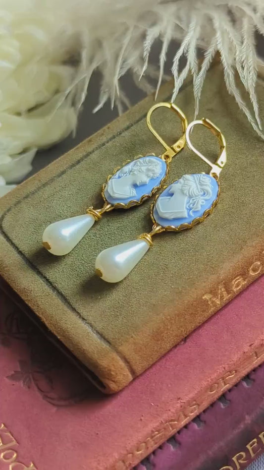 Blue Cameo Pearl Earrings | Victorian Brass Lace Vintage Jewelry