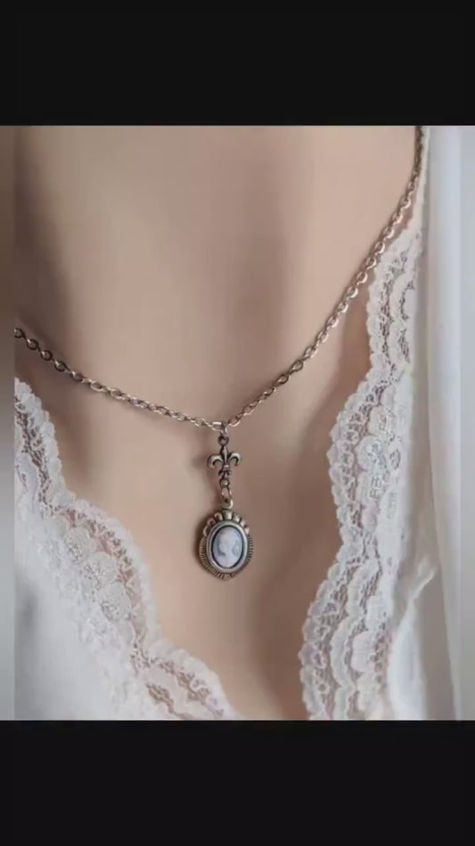 Blue Cameo Necklace: Silver Fleur de Lys Victorian Style Pendant