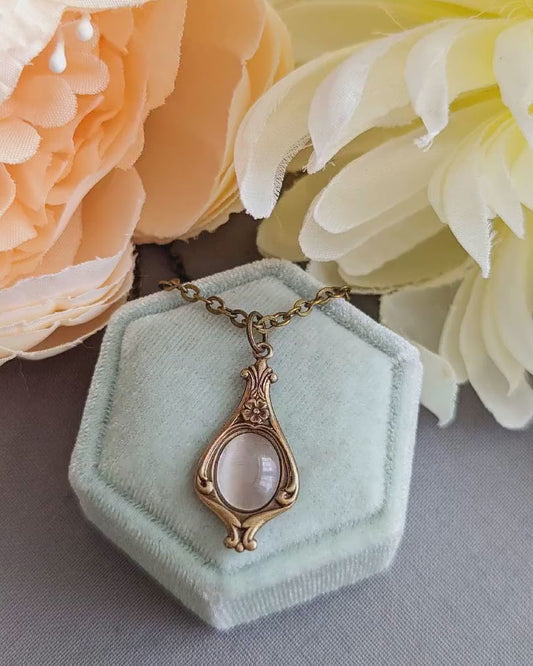 Victorian Pink Pendant Necklace, Vintage Style Historical Costume Jewelry