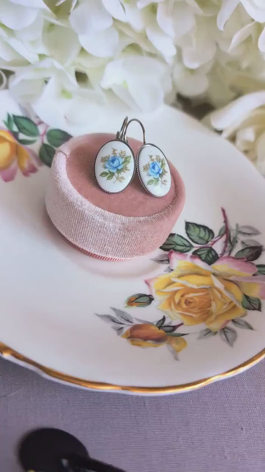 Handmade Limoges Blue Rose Earrings | Vintage Floral Gift for Her