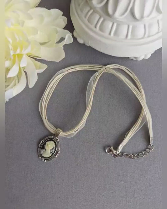 Vintage-Inspired Cameo Choker, Antique Silver Pendant on Organza Ribbon Necklace