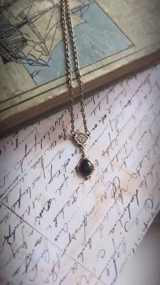 Onyx Necklace | Antiqued Brass Pendant, Vintage Gothic Jewelry