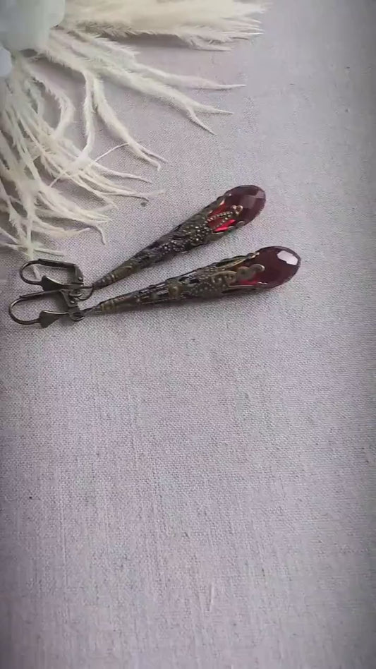 Filigree Teardrop Earrings | Red Glass Victorian Style Dangle Jewelry