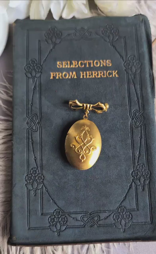 Oval Embossed Brass Locket Brooch: Vintage Style Bridal Bouquet Charm