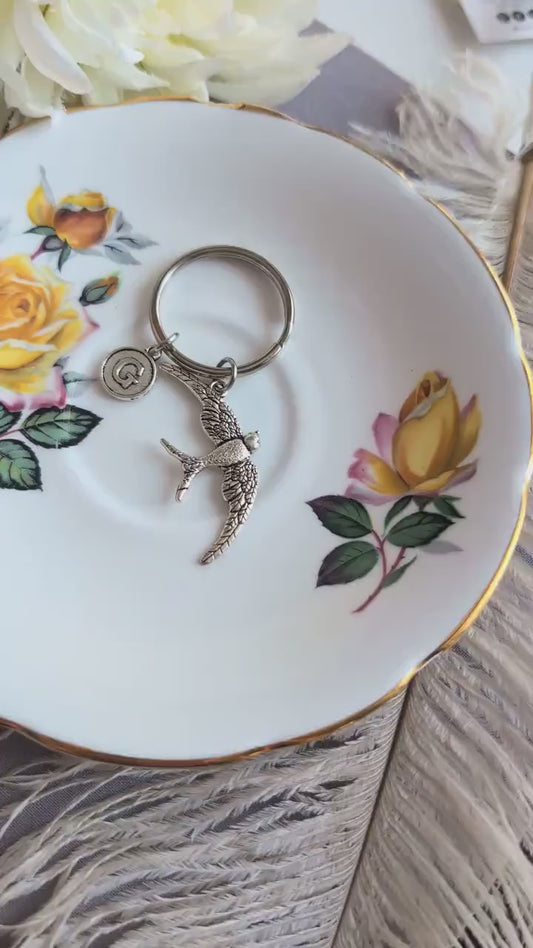 Handmade Silver Swallow Keychain | Custom Initial Bird Gift for Her