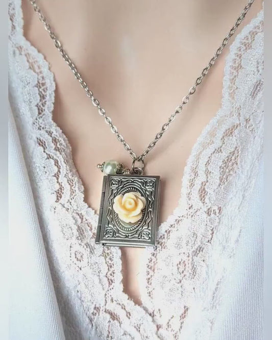 Silver Book Locket Necklace | Resin Flower & Pearl, Handmade Jewelry