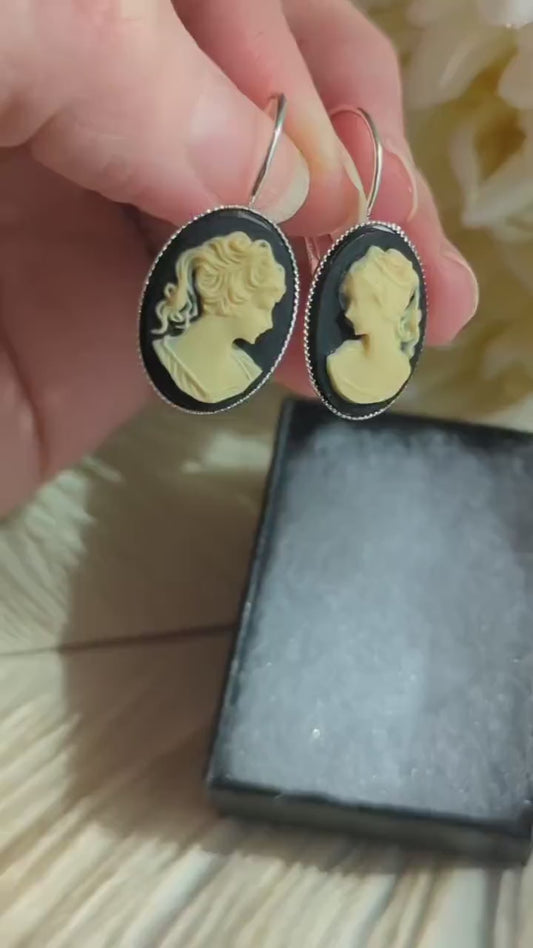Black Cameo Drop Earrings: Silver Victorian Style Lever Backs