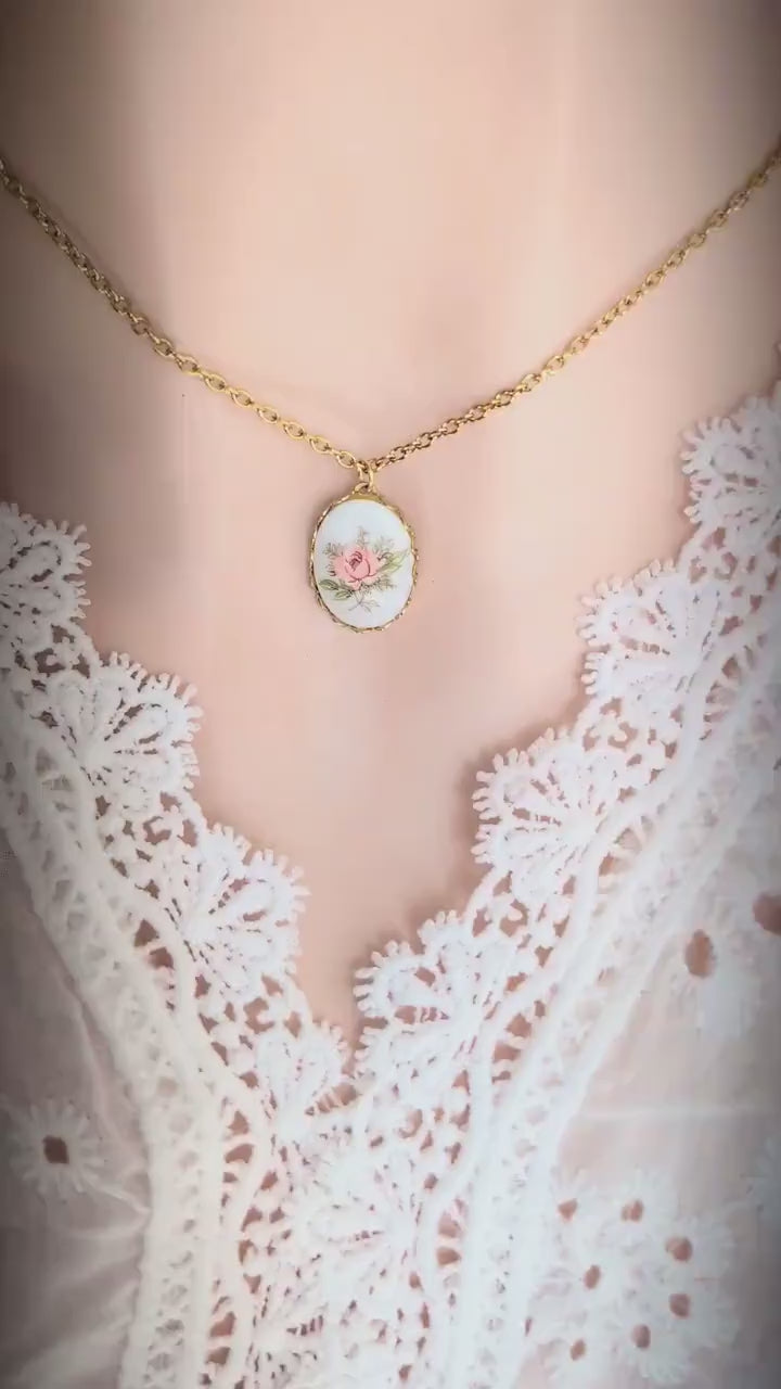 Vintage 1980s Pink Rose Necklace - Limoges Style Porcelain on White Background
