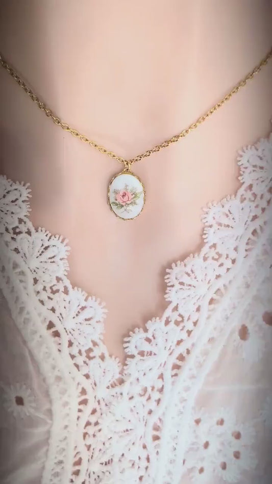 Vintage 1980s Pink Rose Necklace - Limoges Style Porcelain on White Background