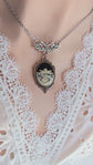 Black Dragonfly Cameo Necklace, Antique Silver Lotus Pendant Jewelry