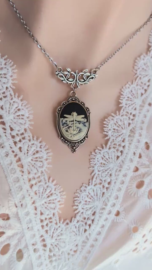 Black Dragonfly Cameo Necklace, Antique Silver Lotus Pendant Jewelry