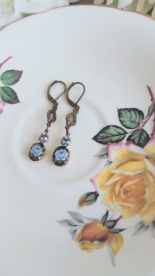 Blue Flower Limoges Earrings – Vintage Brass & Austrian Crystal Dangles