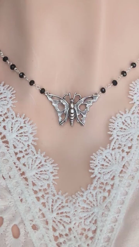 Silver Butterfly Choker, Black Rosary Chain, Art Nouveau Pendant