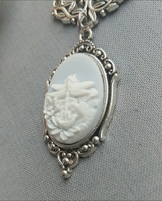 Blue Dragonfly in Lotus Flower Cameo Necklace, Art Nouveau Jewelry