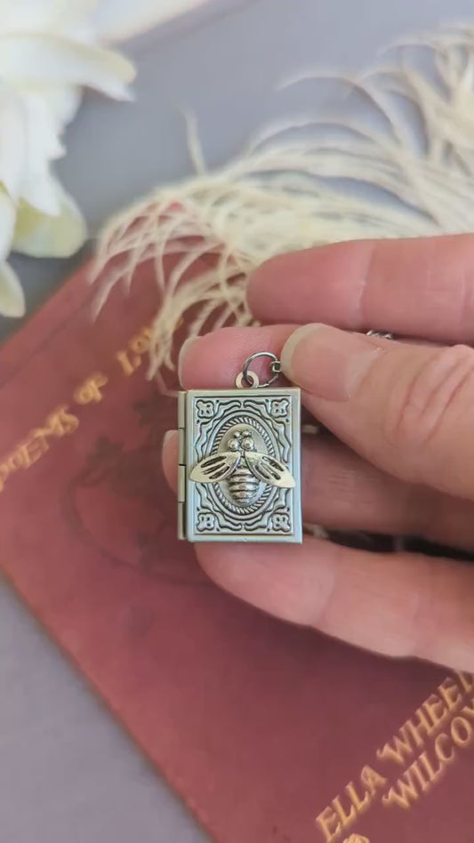 Bee Book Locket Necklace, Dainty Silver Charm Pendant Gift for Reader