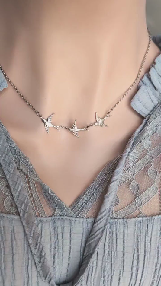 Silver Swallow Necklace | Three Bird Pendant, Minimalist Jewelry