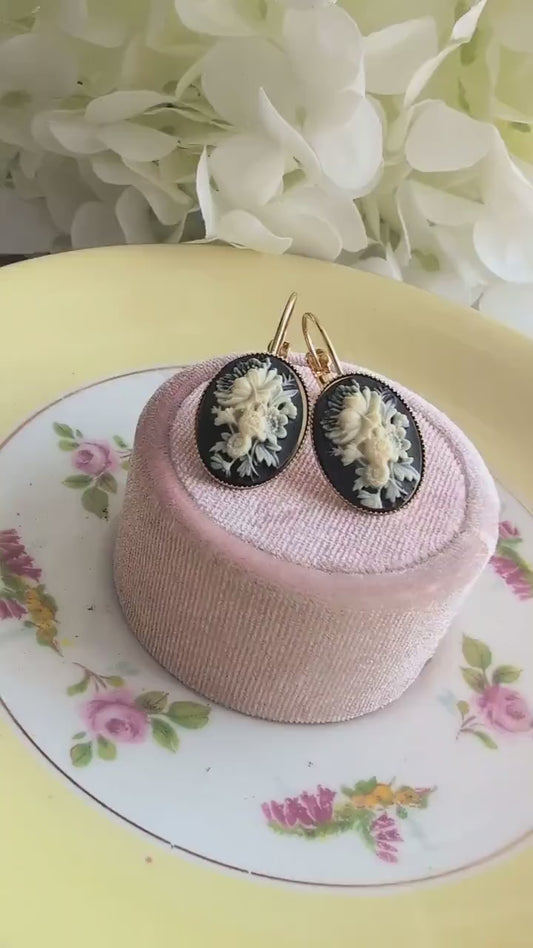 Ivory Flower Cameo Earrings: Black Vintage Gothic Style, Lever Back