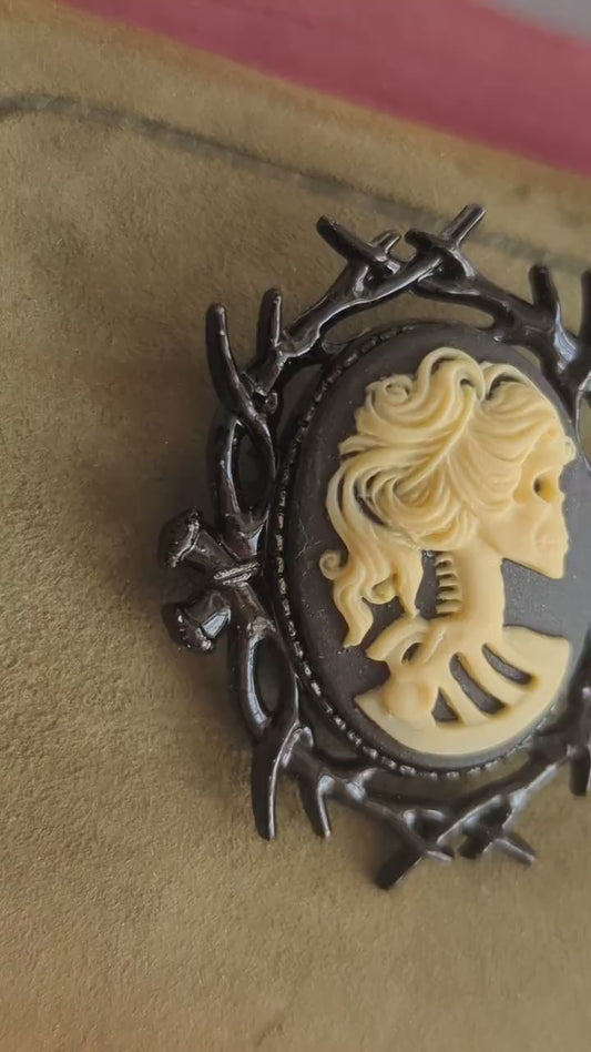 Lady Skull Brooch - Gothic Black Cameo - Dark Academia Whimsigothic Jewelry
