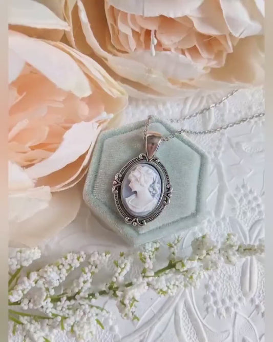 Black Cameo Necklace, Victorian Style Lady Pendant Antiqued Silver