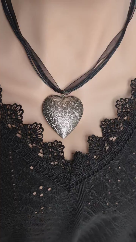 Floral Engraved Heart Locket Choker, Silver Plated Ribbon Necklace