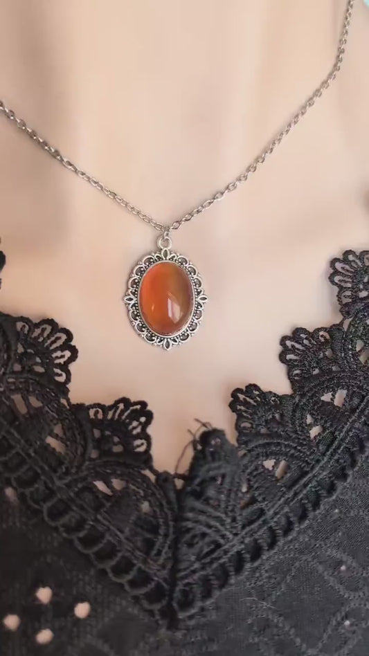 Carnelian Necklace, Lacy Antiqued Silver Pendant, Romantic Crystal Jewelry
