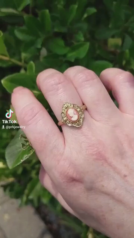 Green Cameo Ring, Vintage Style Adjustable Brass Ring