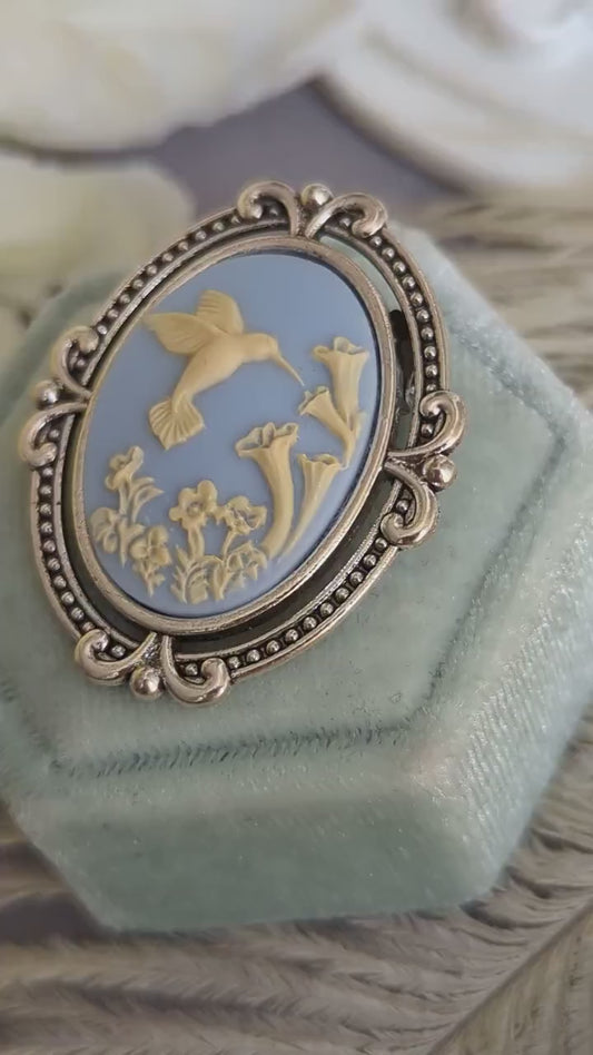 Blue Hummingbird Cameo Brooch | Antiqued Silver Bird Pin Jewelry