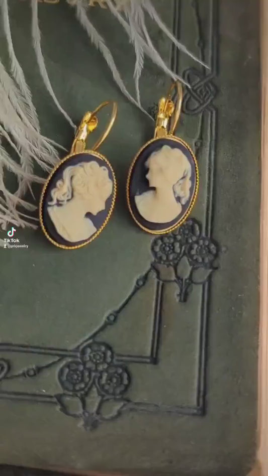 Black Cameo Earrings: Gold Lever Backs, Victorian Style