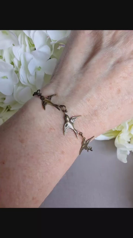 Bronze Swallow Bracelet, Dainty Trio of Flying Birds, Vintage Jewelry