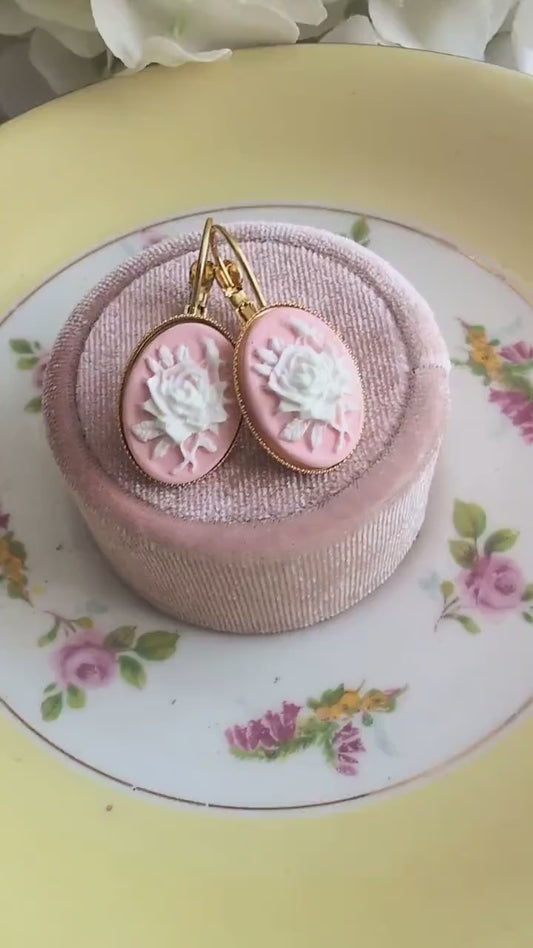 Pink Rose Cameo Leverback Earrings: Victorian Style Floral Jewelry