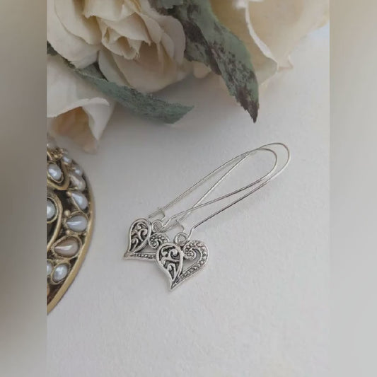 Valentine’s Day Silver Heart Earrings – Romantic Filigree Jewelry Gift